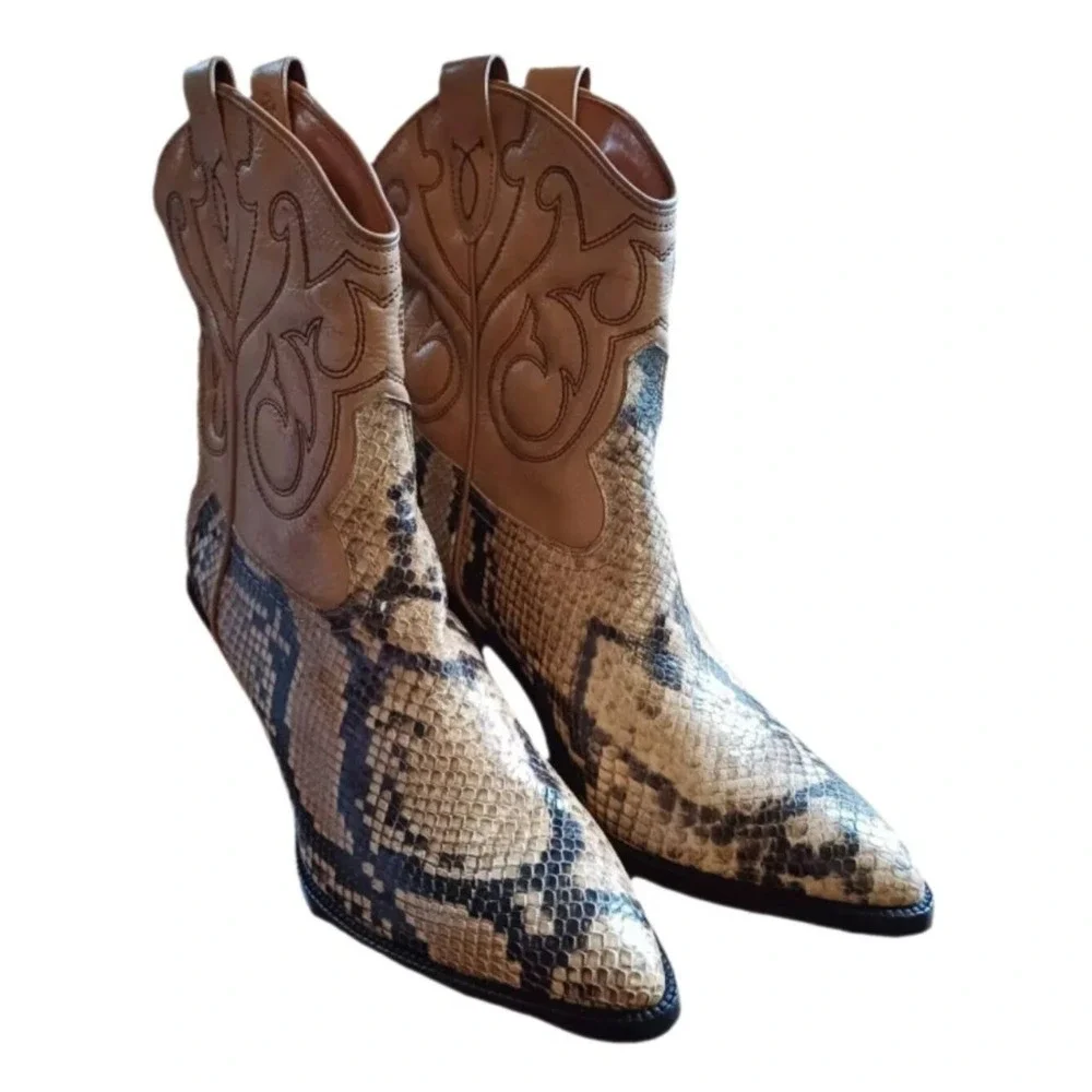 Polo Ralph Lauren women's tan leather and snakeskin-embossed ankle boots Size 7